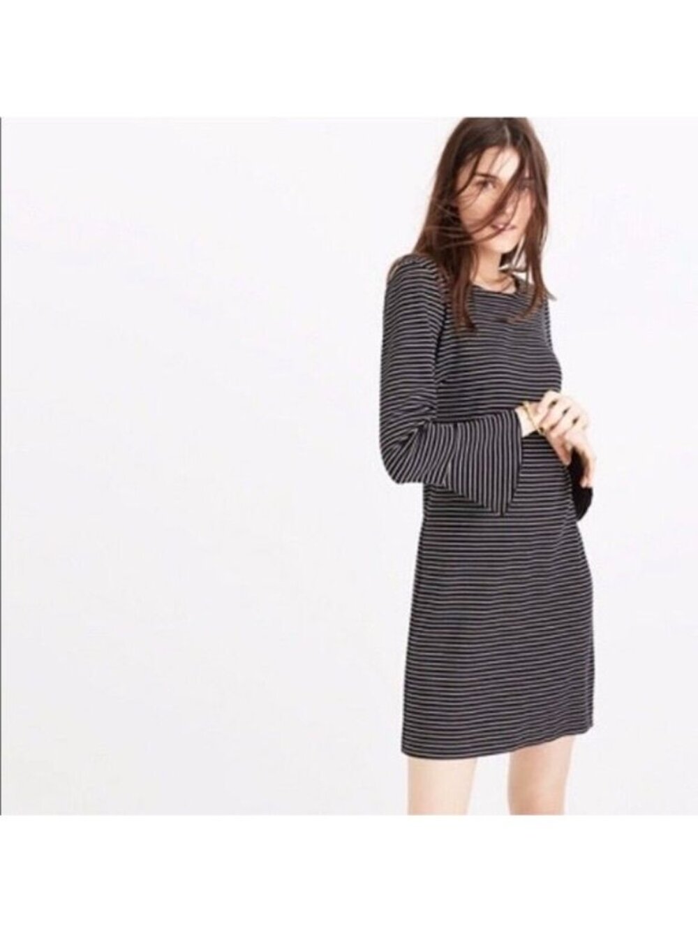 Madewell Womens Knit Stripe Bell Sleeve Shift Dress Black White size XXS